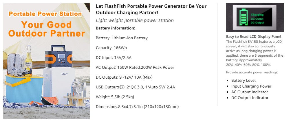 200W Portable Power Station 166Wh with 60W Solar Panel, FlashFish, DOBA-PS200W-specifications-image