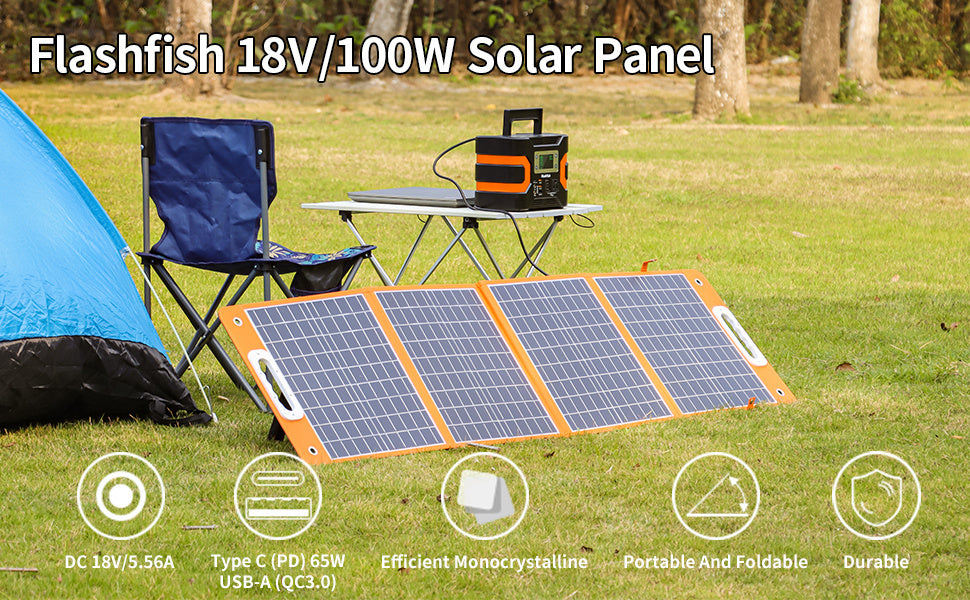 100W Portable Solar Panel 18V Foldable Charger with USB & Type-C, FlashFish, DOBA-SP100-description-image