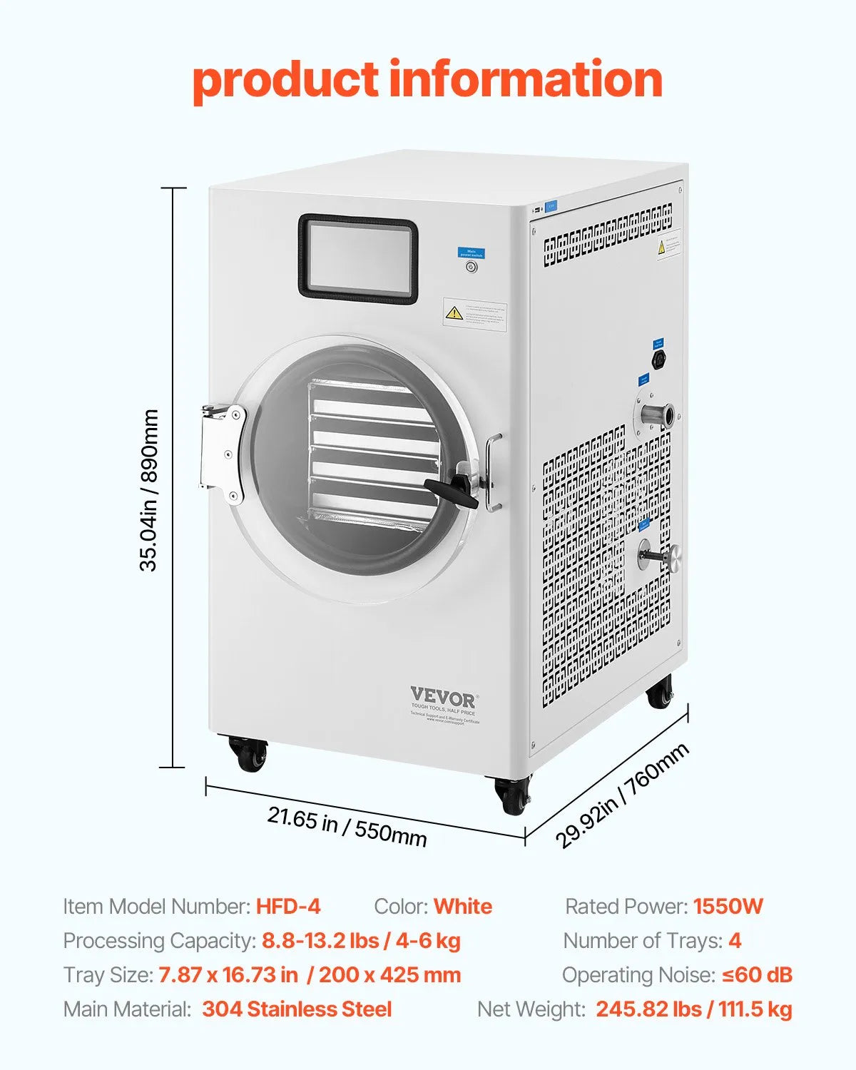 Vacuum Freeze Dryer Machine 8.8–13.2 lb Capacity with 4 Trays & Vacuum Pump, White, VEVOR, DOBA-FD413-specifications-image