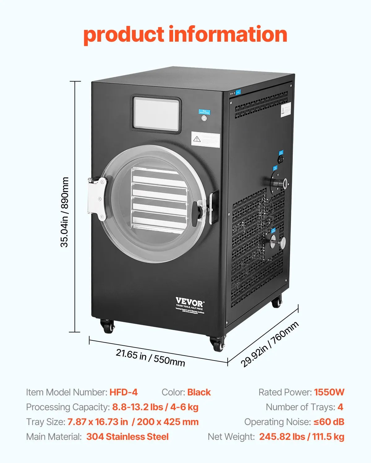 Vacuum Freeze Dryer 8.8–13.2 lb 4-Tray Food Freeze Drying Machine, Black, VEVOR, DOBA-FD413B-specifications-image