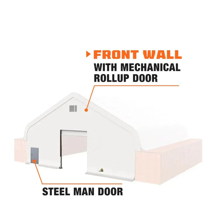 Front end wall kit for TMG-DT50 Series container shelters. Designed for 9'6" high cube containers with roll-up garage door and steel man door.
