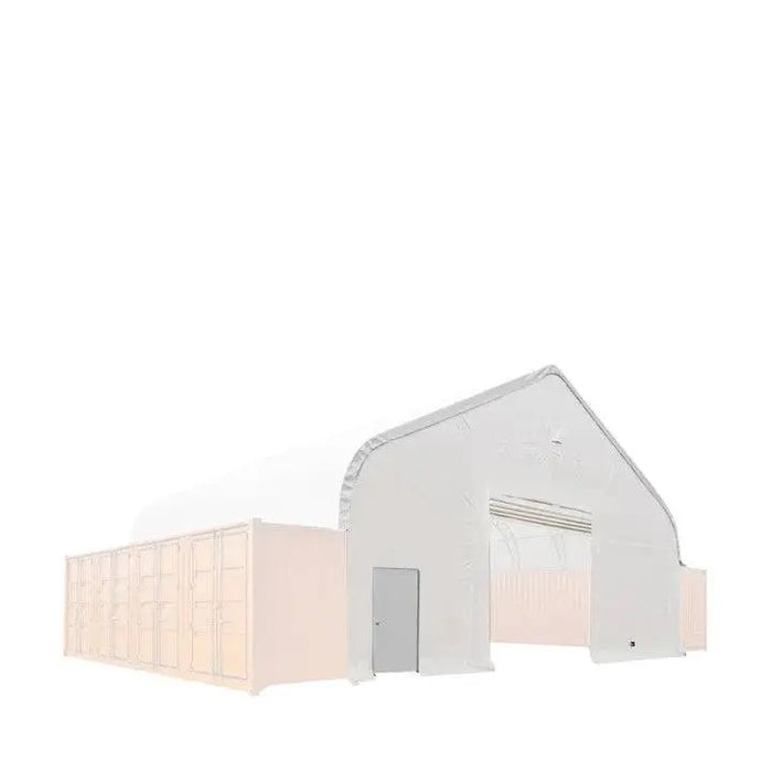 Front end wall kit for TMG-DT50 Series container shelters. Designed for 9'6" high cube containers with roll-up garage door and steel man door.
