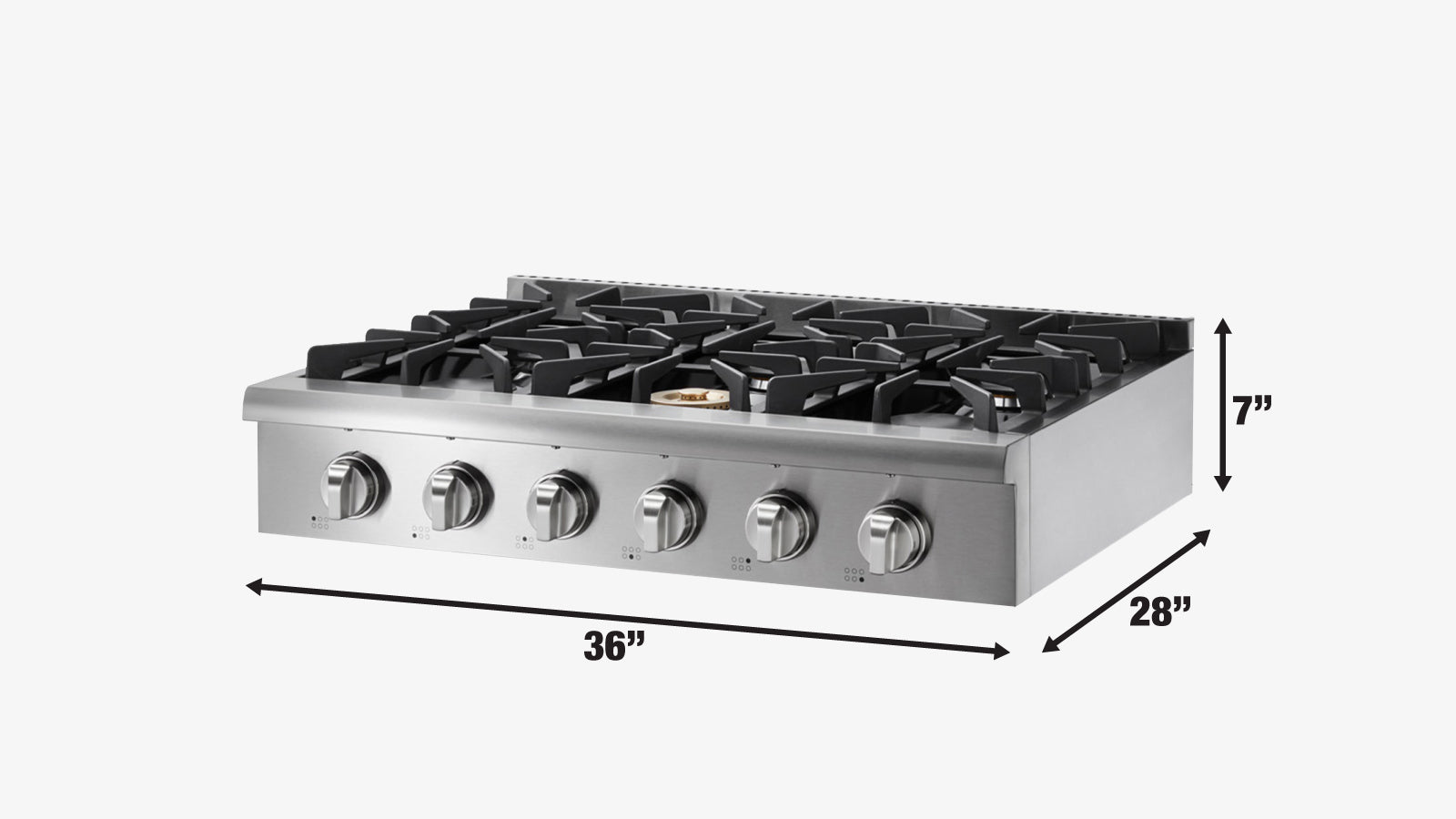 TMG Living Kitchen 36” Gas Range Cooktop, 6 Burners, 15000-18000 BTU w/680 BTU Simmer, LPG/NG Fuel, Blue LED Lights, TMG-HRG36T-specifications-image