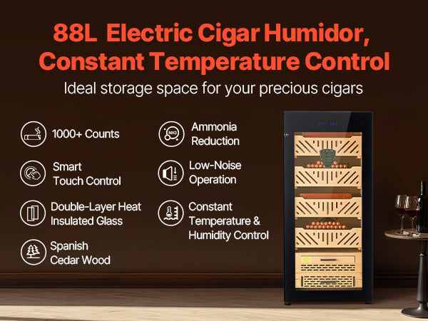 VEVOR Electric Humidor, 105L, 1000 Counts Electric Cigar Humidor Cabinet with Compressor Cooling, Constant Humidity & Temperature Control, Spanish Cedar Wood Shelves & Drawers, 4 Layers, for Household-description-image