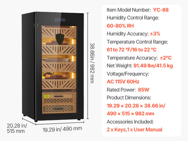 VEVOR Electric Humidor, 105L, 1000 Counts Electric Cigar Humidor Cabinet with Compressor Cooling, Constant Humidity & Temperature Control, Spanish Cedar Wood Shelves & Drawers, 4 Layers, for Household-specifications-image