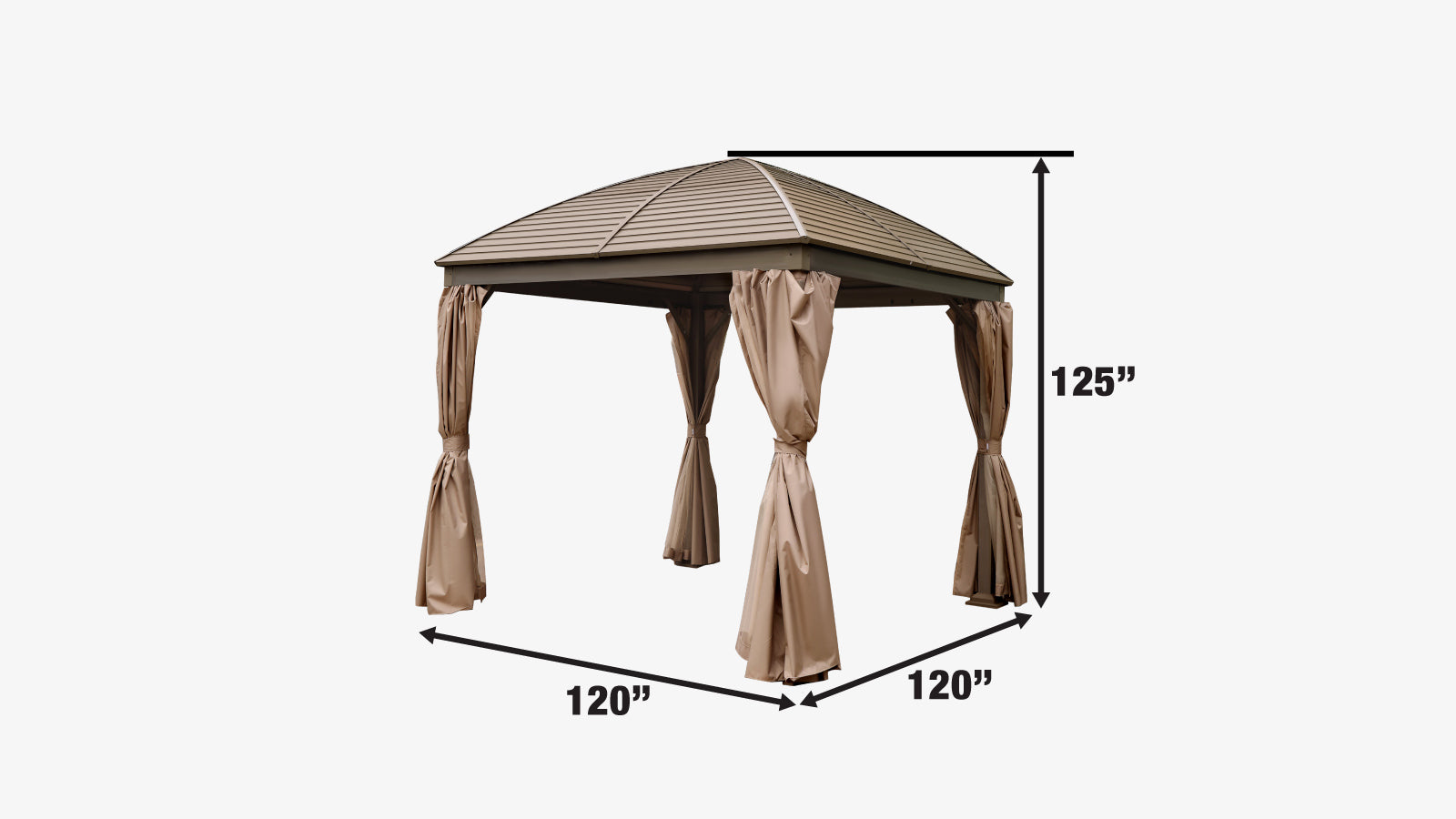 TMG Industrial 10’ x 10’ Hardtop Curved Steel Roof Patio Gazebo, Mosquito Nets & Curtains Included, TMG-LGZ10-specifications-image
