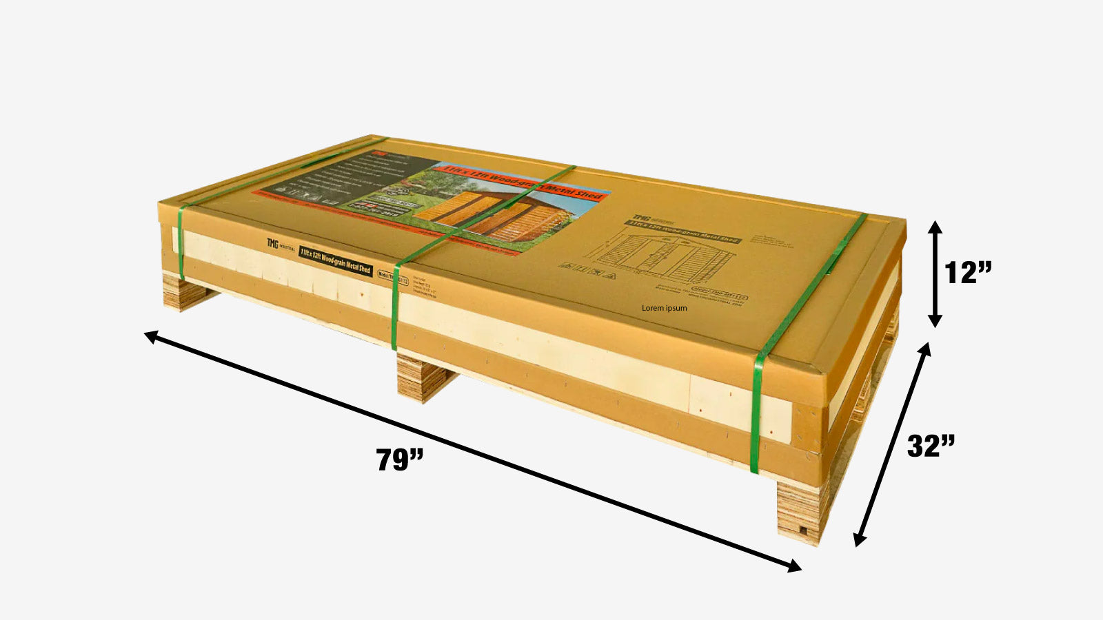 TMG Industrial 11’ x 12’ Wood-Grain Galvanized Apex Roof Metal Shed, 50” Sliding Door, 29 GA Corrugated Metal, 67” Edge Height, TMG-MS1112-shipping-info-image
