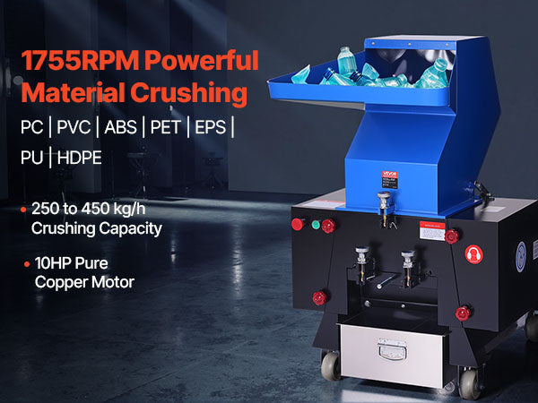 VEVOR Plastic Shredder Crusher, 10HP/7.5KW Plastic Bottle Grinder Granulator, 250-450kg/h Capacity Pulverizer Recycling Machine with Wheels, SDK-11 Blade & 10mm Mesh for PVC PTFE (220V 60Hz 3-Phase)-description-image