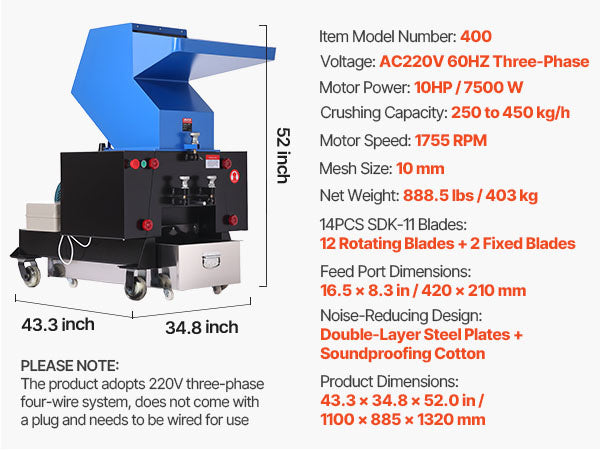 VEVOR Plastic Shredder Crusher, 10HP/7.5KW Plastic Bottle Grinder Granulator, 250-450kg/h Capacity Pulverizer Recycling Machine with Wheels, SDK-11 Blade & 10mm Mesh for PVC PTFE (220V 60Hz 3-Phase)-specifications-image