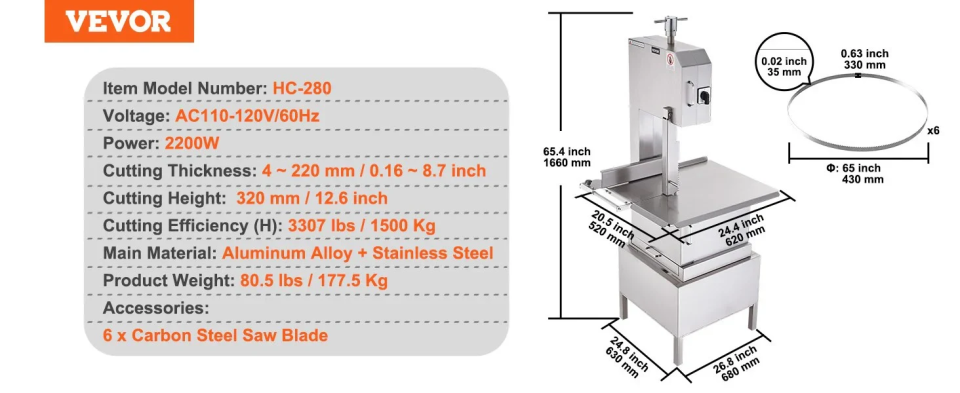 2200W Electric Meat Bandsaw, Up to 8.7