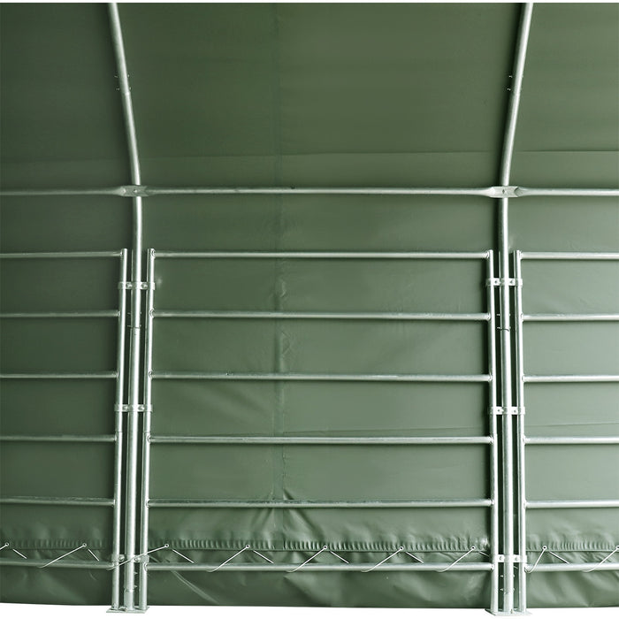 Pro Series 20' x 20' livestock corral shelter with 12' dome roof, 17 oz military green PVC covering, 6-bar corral panels, and 5' front swing gate, TMG-ST2022L
