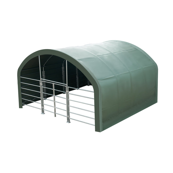 Pro Series 20' x 20' livestock corral shelter with 12' dome roof, 17 oz military green PVC covering, 6-bar corral panels, and 5' front swing gate, TMG-ST2022L