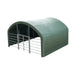 Pro Series 20' x 20' livestock corral shelter with 12' dome roof, 17 oz military green PVC covering, 6-bar corral panels, and 5' front swing gate, TMG-ST2022L