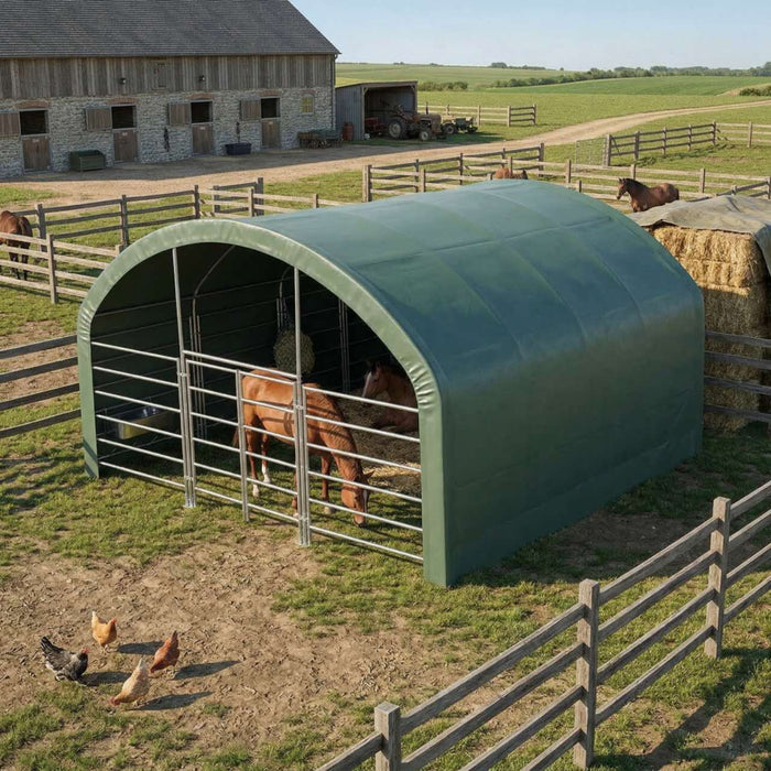 Pro Series 20' x 20' livestock corral shelter with 12' dome roof, 17 oz military green PVC covering, 6-bar corral panels, and 5' front swing gate, TMG-ST2022L