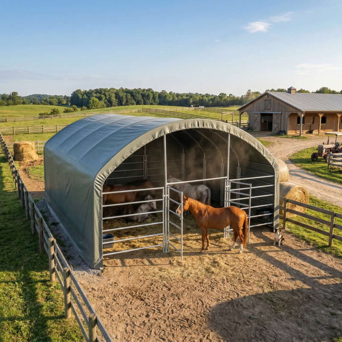 Pro Series 20' x 20' livestock corral shelter with 12' dome roof, 17 oz military green PVC covering, 6-bar corral panels, and 5' front swing gate, TMG-ST2022L