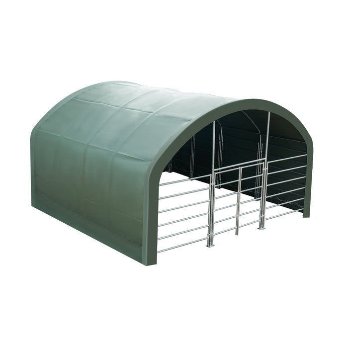 Pro Series 20' x 20' livestock corral shelter with 12' dome roof, 17 oz military green PVC covering, 6-bar corral panels, and 5' front swing gate, TMG-ST2022L