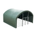 Pro Series 20' x 20' livestock corral shelter with 12' dome roof, 17 oz military green PVC covering, 6-bar corral panels, and 5' front swing gate, TMG-ST2022L