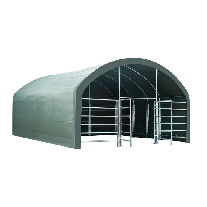 Pro Series 20' x 20' livestock corral shelter with 12' dome roof, 17 oz military green PVC covering, 6-bar corral panels, and 5' front swing gate, TMG-ST2022L