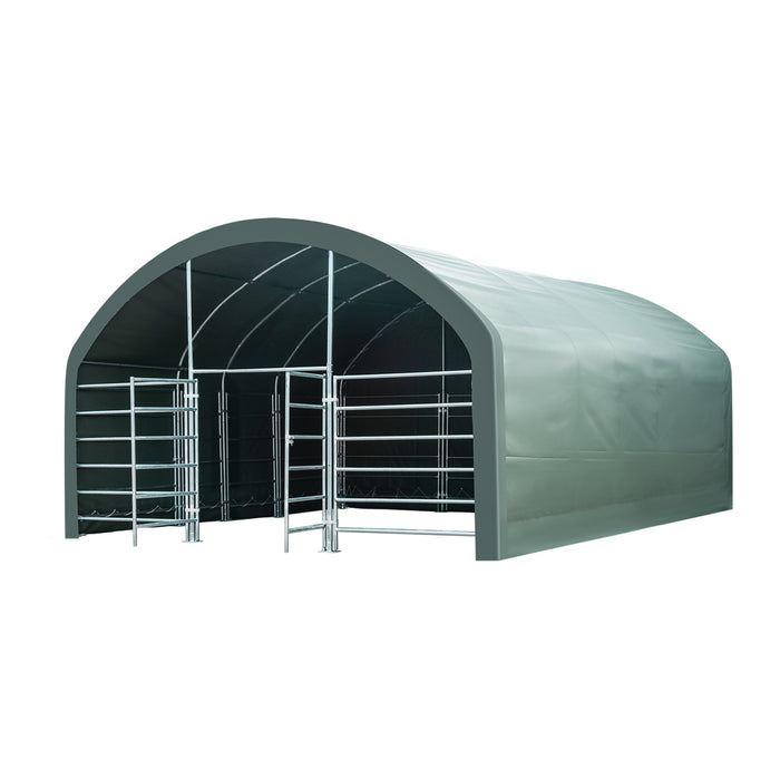 Pro Series 20' x 20' livestock corral shelter with 12' dome roof, 17 oz military green PVC covering, 6-bar corral panels, and 5' front swing gate, TMG-ST2022L