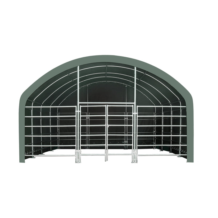 Pro Series 20' x 20' livestock corral shelter with 12' dome roof, 17 oz military green PVC covering, 6-bar corral panels, and 5' front swing gate, TMG-ST2022L