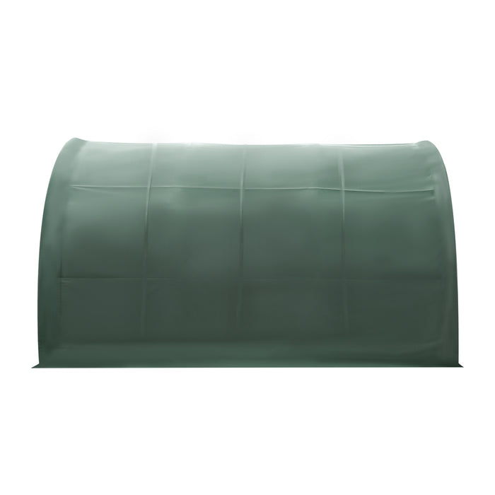 Pro Series 20' x 20' livestock corral shelter with 12' dome roof, 17 oz military green PVC covering, 6-bar corral panels, and 5' front swing gate, TMG-ST2022L