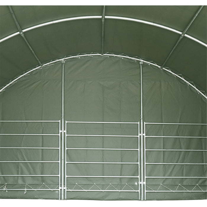 Pro Series 20' x 20' livestock corral shelter with 12' dome roof, 17 oz military green PVC covering, 6-bar corral panels, and 5' front swing gate, TMG-ST2022L
