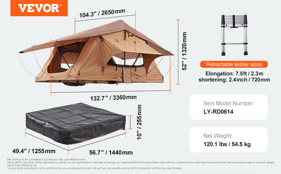 Hard Shell Rooftop Tent for 2–3 Person with Ladder, Waterproof Camping Tent for SUV & Truck, VEVOR, DOBA-RTT23-specifications-image