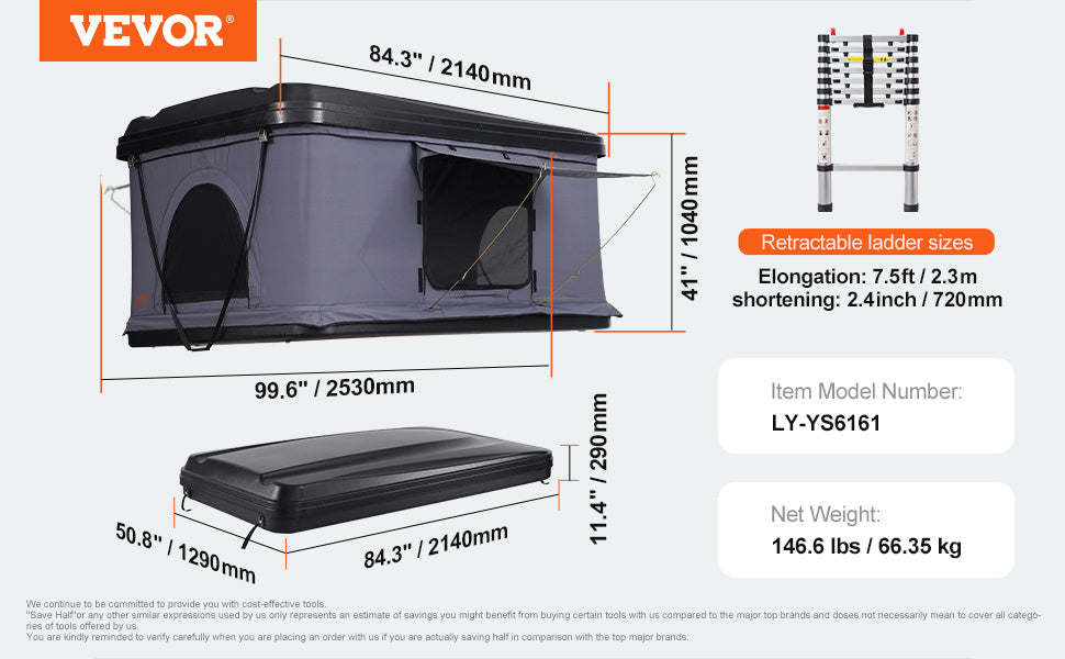 Hard Shell Rooftop Tent 2–3 Person with Ladder, ABS Shell Waterproof Camping Tent for SUV & Truck, VEVOR, DOBA-RTT23ABS-specifications-image