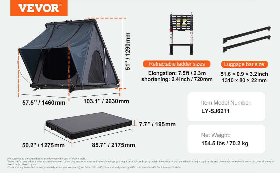 Hard Shell Rooftop Tent 2–3 Person with Ladder, Aluminum Shell Waterproof Tent for SUV & Truck, VEVOR, DOBA-RTT23AL-specifications-image