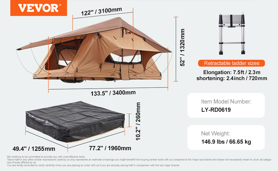 Rooftop Tent 2–3 Person Waterproof with Ladder, Inflatable Pole Camping Tent for SUV & Truck, VEVOR, DOBA-RTT23IP-specifications-image
