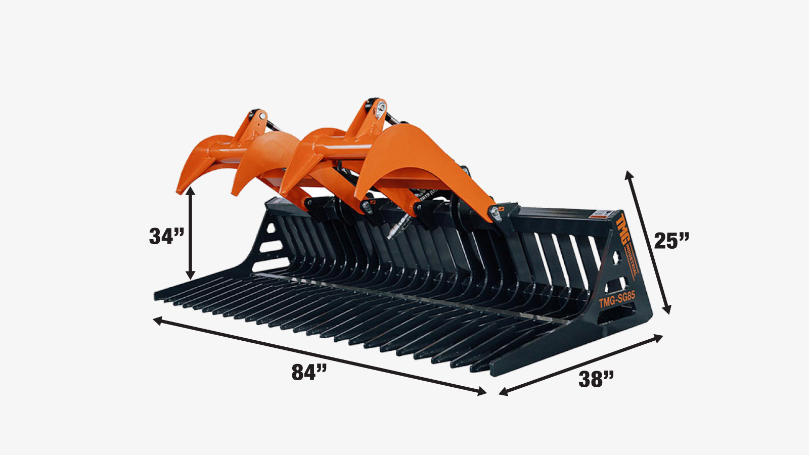 TMG Industrial 84” Skid Steer Skeleton Grapple Attachment, Universal Mount, 34” Arm Opening, 3” Tine Spacing, 2600 lb Weight Capacity, TMG-SG85-specifications-image