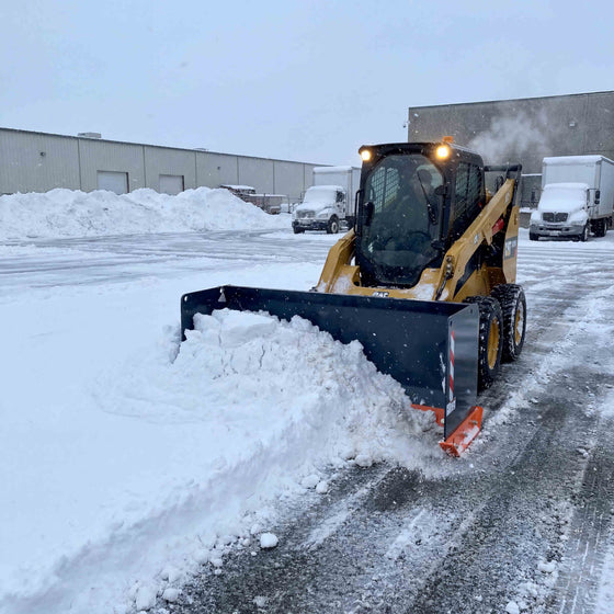 5' Skid Steer Snow Pusher with Replaceable Steel Cutting Edge, Pivoting Wear Shoes, Side Braces, 30-70 HP, TMG-SP05