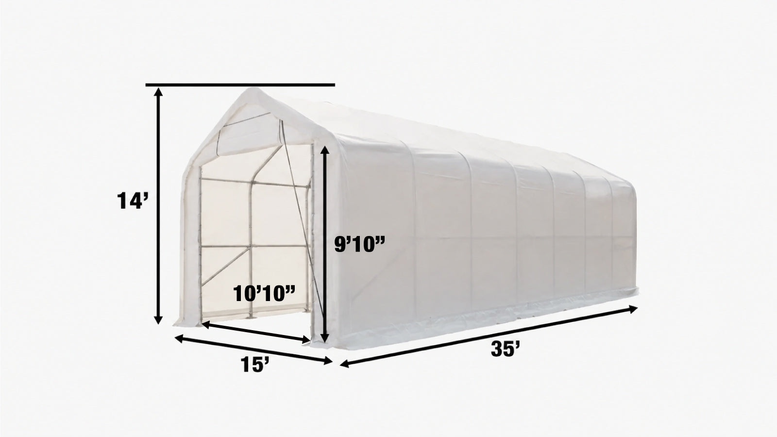 15' x 35' RV/Motorhome Storage Shelter, 17 oz PVC Fabric Cover, Front Roll-Up Door, Enclosed Rear Wall, 3-Layer Galvanized Steel Frame, 10' Straight Sidewalls, TMG-ST1535-specifications-image