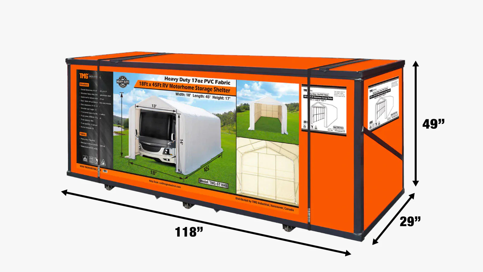 TMG Industrial 18’ x 45’ RV/Motorhome Storage Shelter, 17 oz PVC Fabric Cover, Front Roll-Up Door, Enclosed Rear Wall, 3-Layer Galvanized Steel Frame, 13’ Straight Sidewalls, TMG-ST1845-shipping-info-image