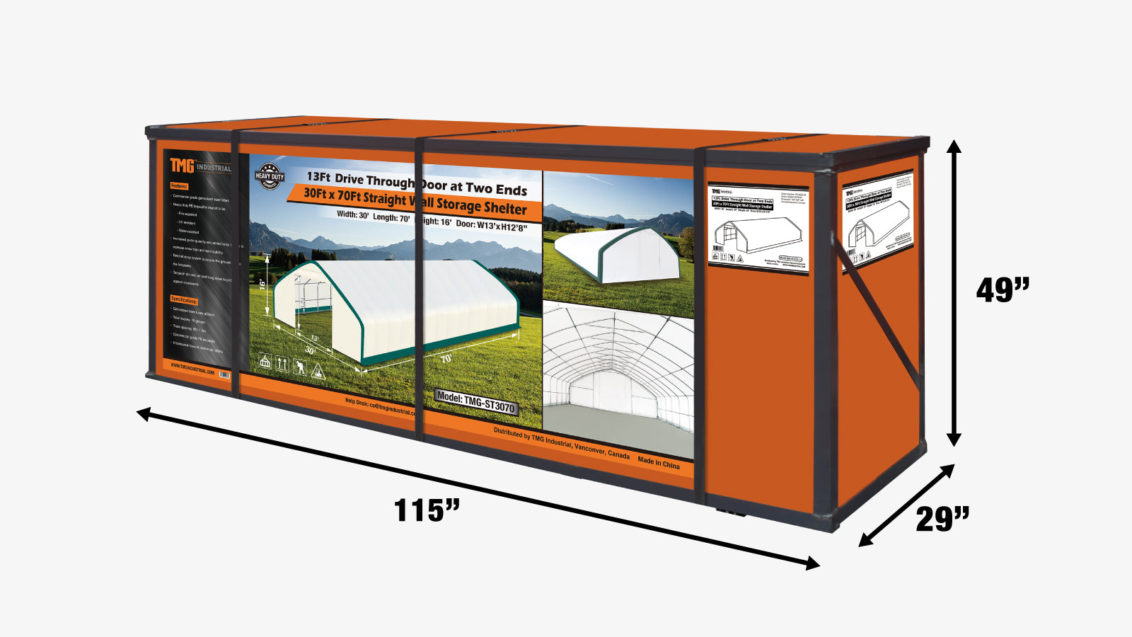 TMG Industrial 30' x 70' Straight Wall Peak Ceiling Storage Shelter with Heavy Duty 11 oz PE Cover & Drive Through Doors, TMG-ST3070E(Previously ST3070)-shipping-info-image