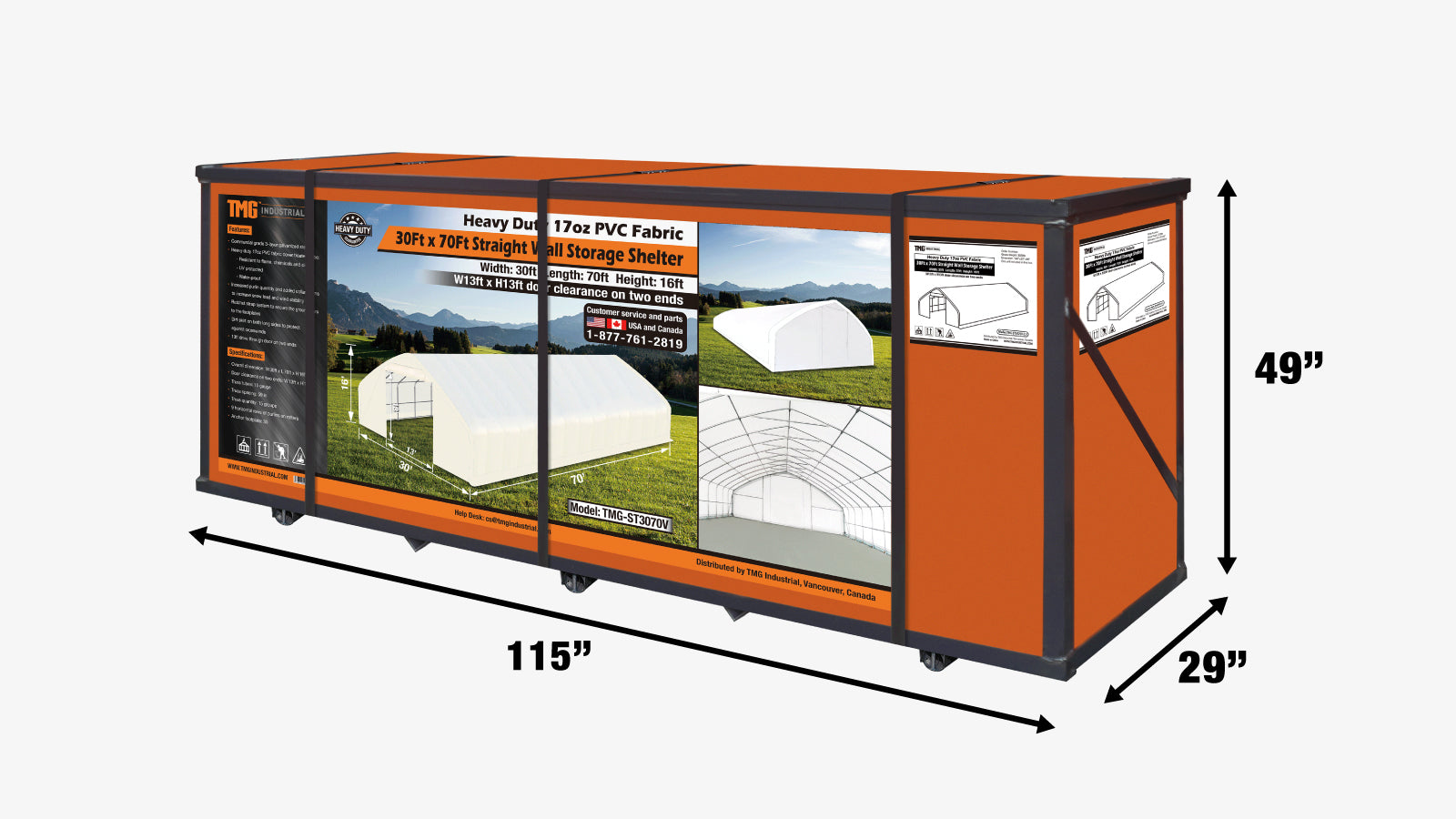 TMG Industrial 30' x 70' Straight Wall Peak Ceiling Storage Shelter with Heavy Duty 17 oz PVC Cover & Drive Through Doors, TMG-ST3070V-shipping-info-image