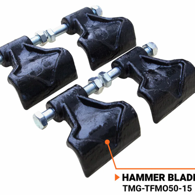 Black hammer T-blades with long mounting bolts and a hammer blade label