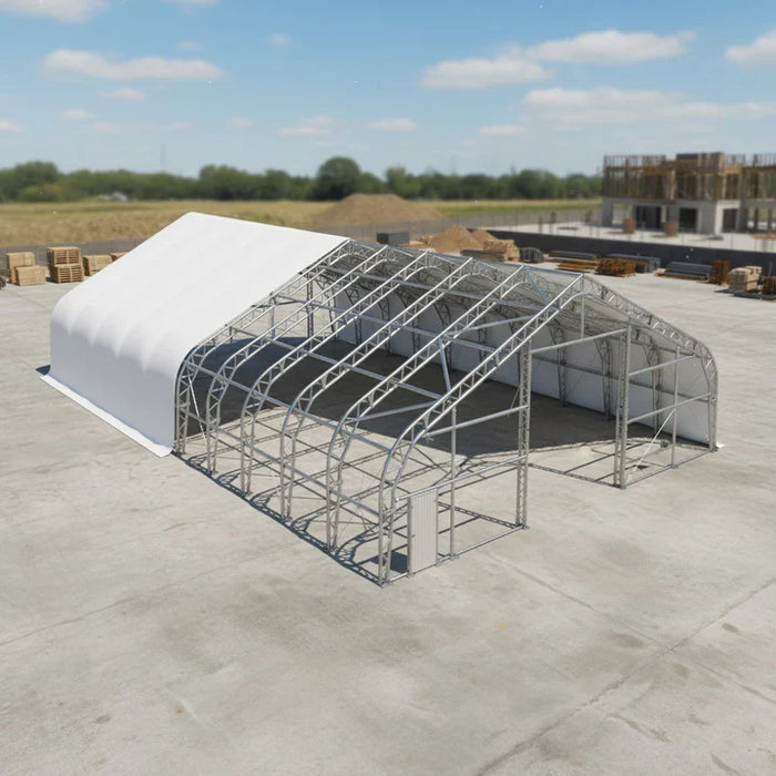 Snow Series 50' x 100' dual truss storage shelter with 25 PSF snow load, TMG-DT50100-SR25