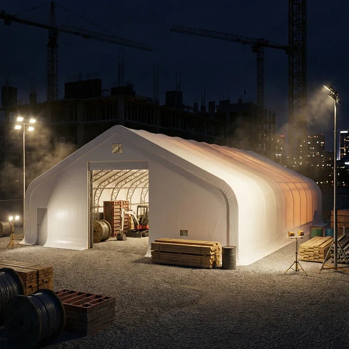 Snow Series 50' x 150' Dual Truss Storage Shelter with 32 oz PVC Cover, 25 PSF Snow Load, Engineering Drawings, TMG-DT50150-SR25 TMG Industrial CA