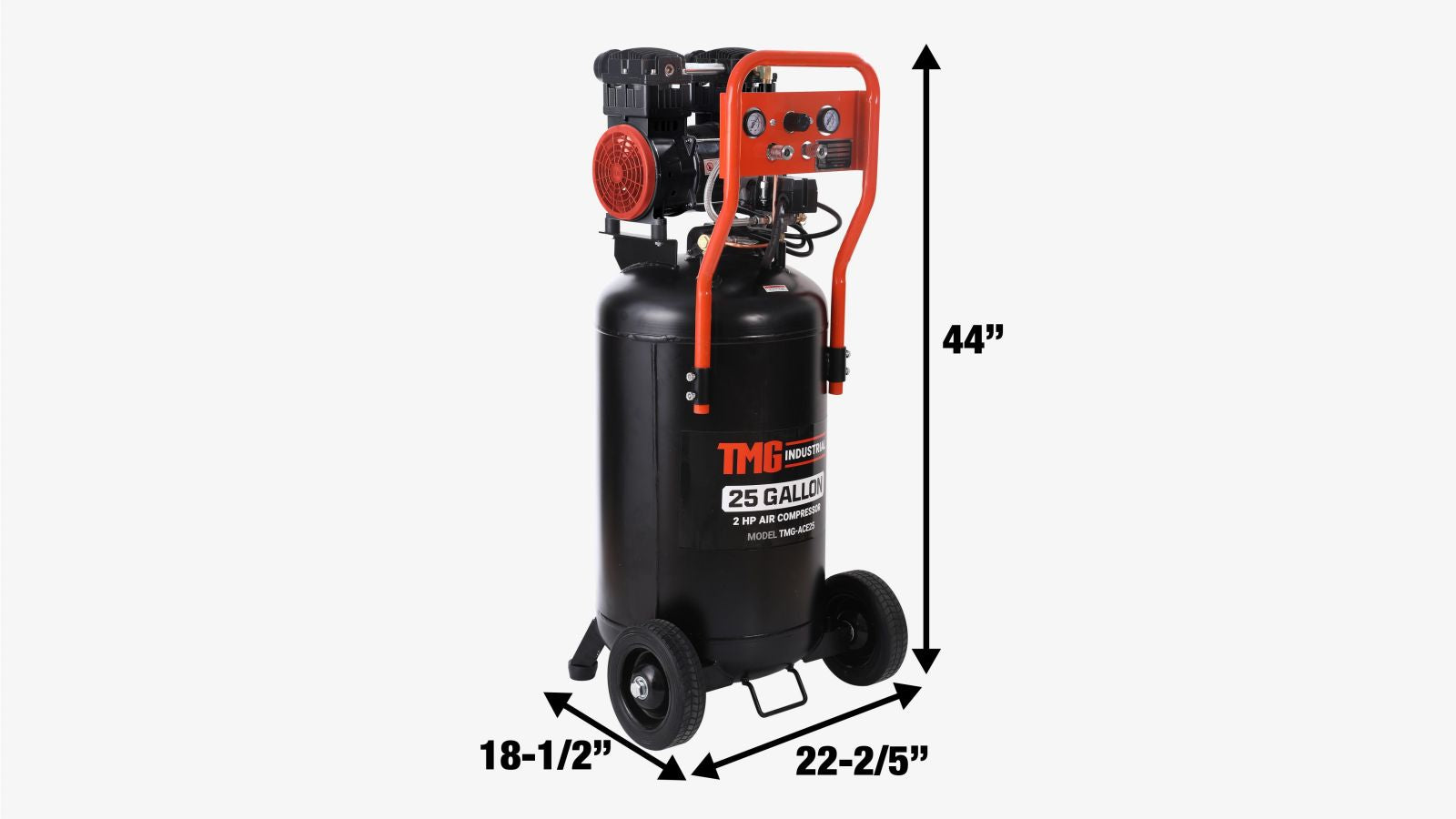 TMG Industrial 25 Gallon 2 HP Electric Air Compressor, Oil-Free Dual Piston Pump, 5 Min Fill Time, ASME Vertical Tank, TMG-ACE25-specifications-image
