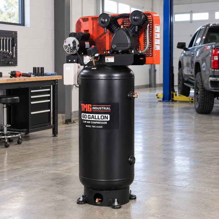 60 Gallon 5 HP Stationary Electric Air Compressor, 5 Min Fill Time, 230V Induction Motor, Vertical Tank, TMG-ACE65