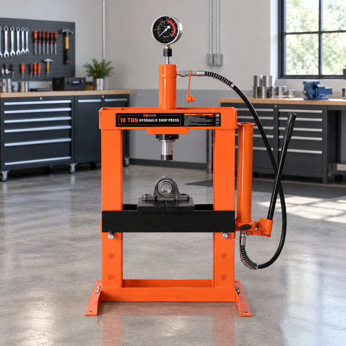 10 Ton Capacity Hydraulic Shop Press, Long Lever Manual Operation, 3 Bed Height Positions, TMG-ASP10 (Discontinued – No Longer Available)