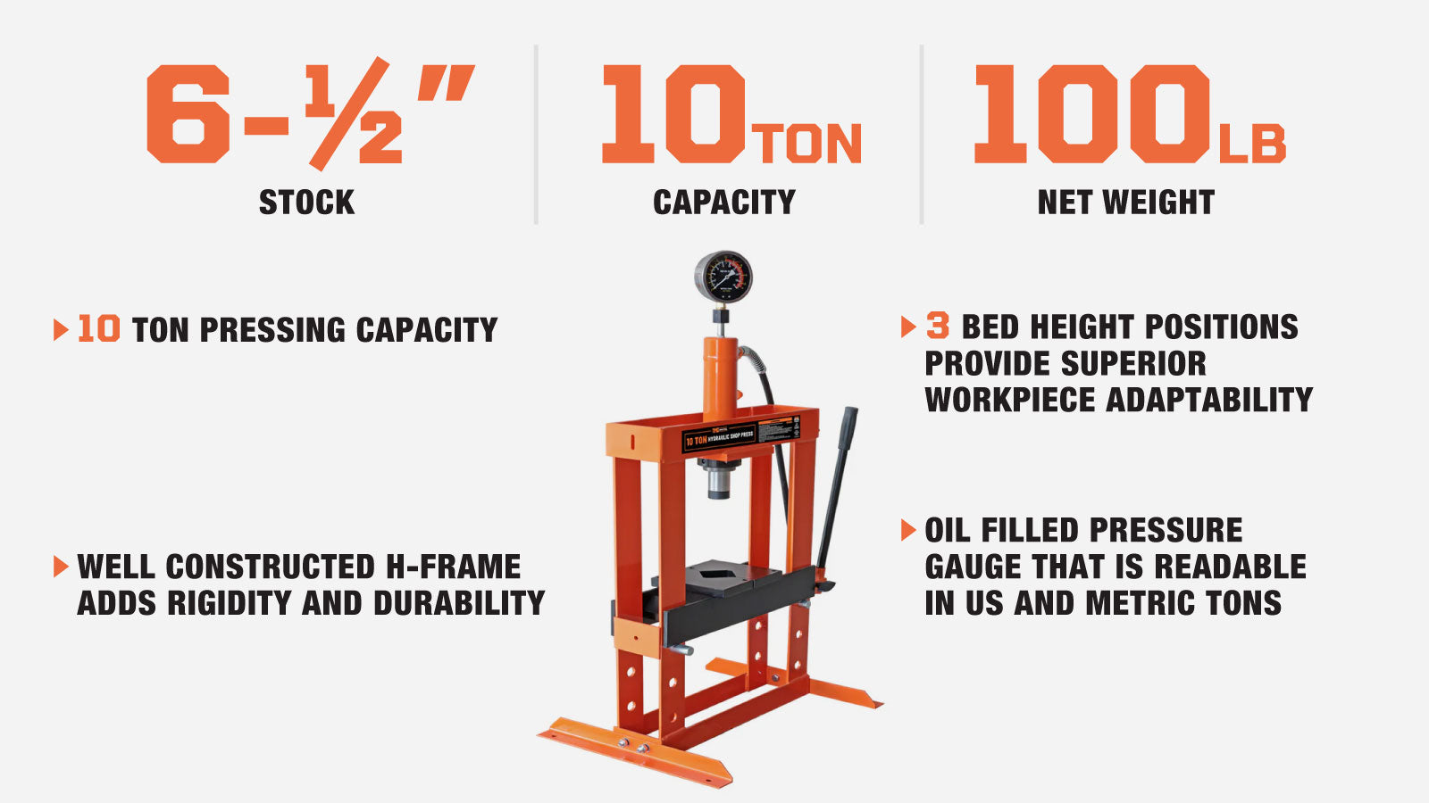 10 Ton Capacity Hydraulic Shop Press, Long Lever Manual Operation, 3 Bed Height Positions, TMG-ASP10-description-image