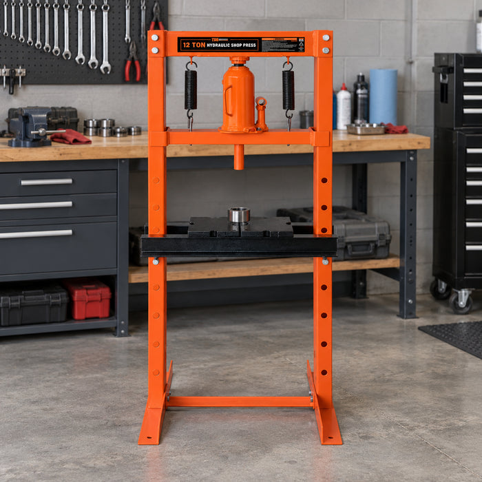 12 Ton Capacity Hydraulic Shop Press, H-Frame, Hand Crank Bottle Jack Pressing, 8 Bed Height Positions, TMG-ASP12 (Discontinued – No Longer Available)