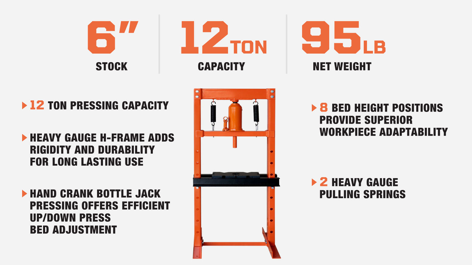 12 Ton Capacity Hydraulic Shop Press, H-Frame, Hand Crank Bottle Jack Pressing, 8 Bed Height Positions, TMG-ASP12-description-image