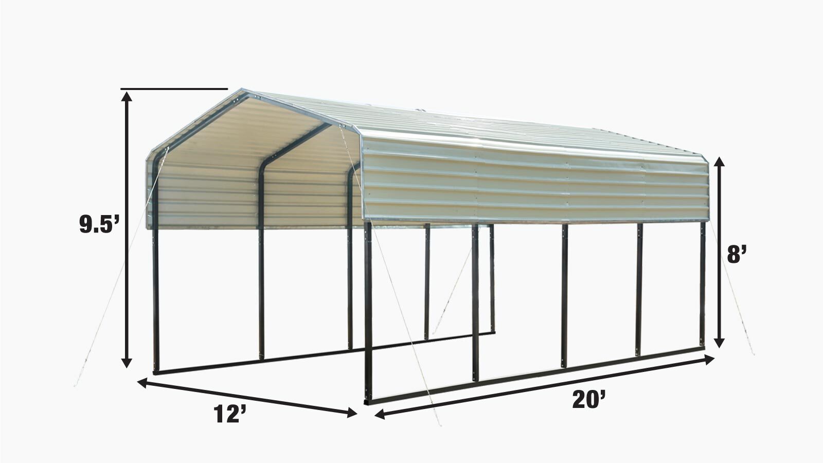 TMG Industrial 12’ x 20’ All-Steel Carport w/Open Sidewalls, Galvanized Roof, Powder Coated, Polyester Paint Coating, Stabilizing Cables, TMG-CP1220-specifications-image