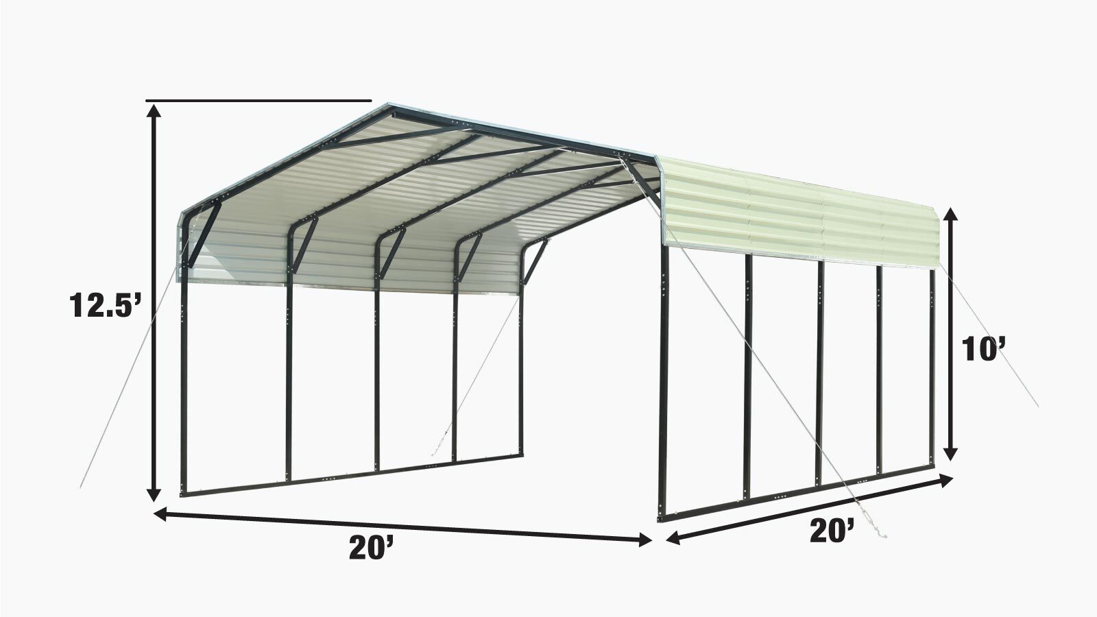 TMG Industrial 20’ x 20’ All-Steel Carport w/10’ Open Sidewalls, Galvanized Roof, Powder Coated, Polyester Paint Coating, Stabilizing Cables, TMG-CP2020-specifications-image