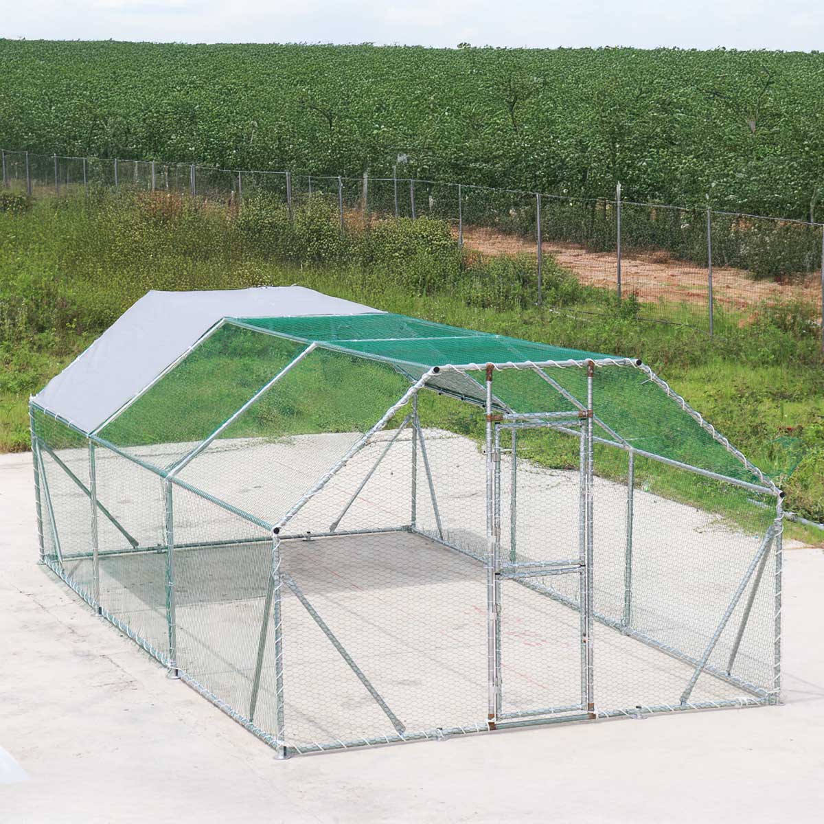 10' x 20' Wire Mesh Chicken Run Shelter Coop, Galvanized Steel, 200 Sq-Ft, Lockable Gate, PVC Coated Mesh, TMG-CRS1020