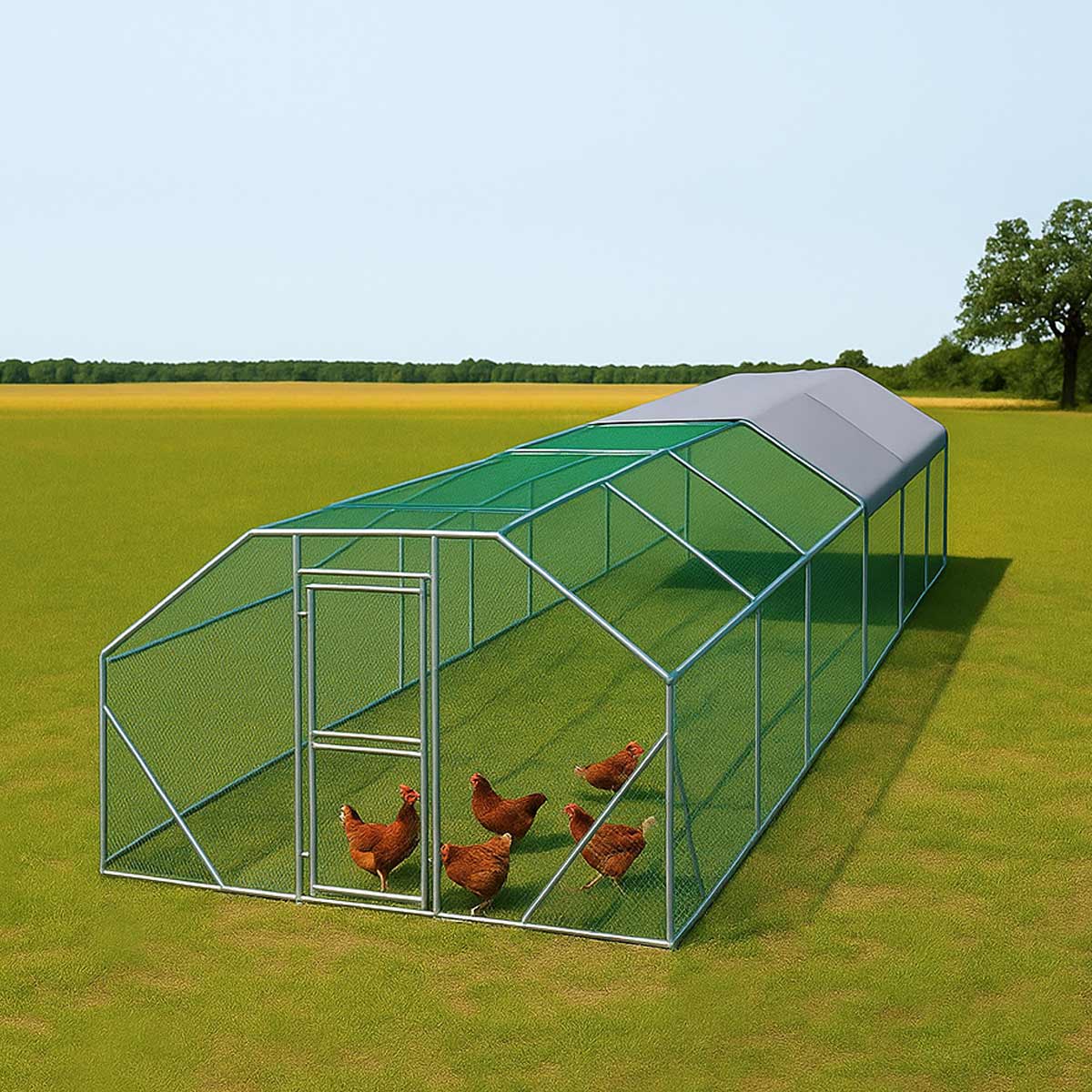10' x 40' Wire Mesh Chicken Run Shelter Coop, Galvanized Steel, 400 Sq-Ft, Lockable Gate, PVC Coated Mesh, TMG-CRS1040
