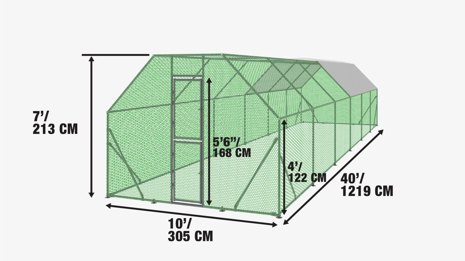 10’ x 40’ Wire Mesh Chicken Run Shelter Coop, Galvanized Steel, 400 Sq-Ft, Lockable Gate, PVC Coated Mesh, TMG-CRS1040-specifications-image